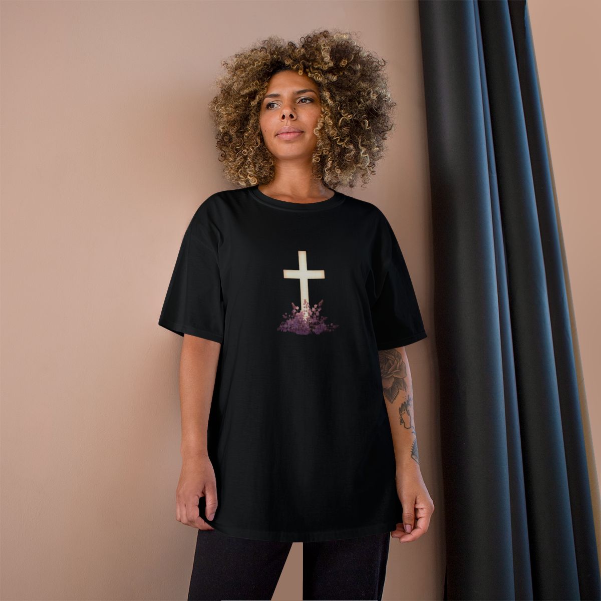 Christian Cross Floral Design Black T Shirt product type