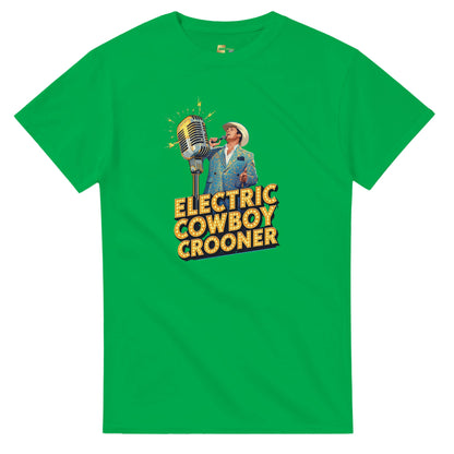 Person wearing a blue t-shirt with 'Electric Cowboy Crooner' design in a mall setting