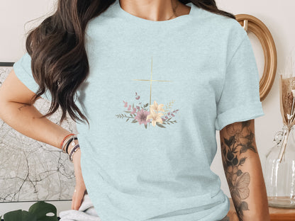 Light Blue Golden Cross Floral Lilies Design T-Shirt product type
