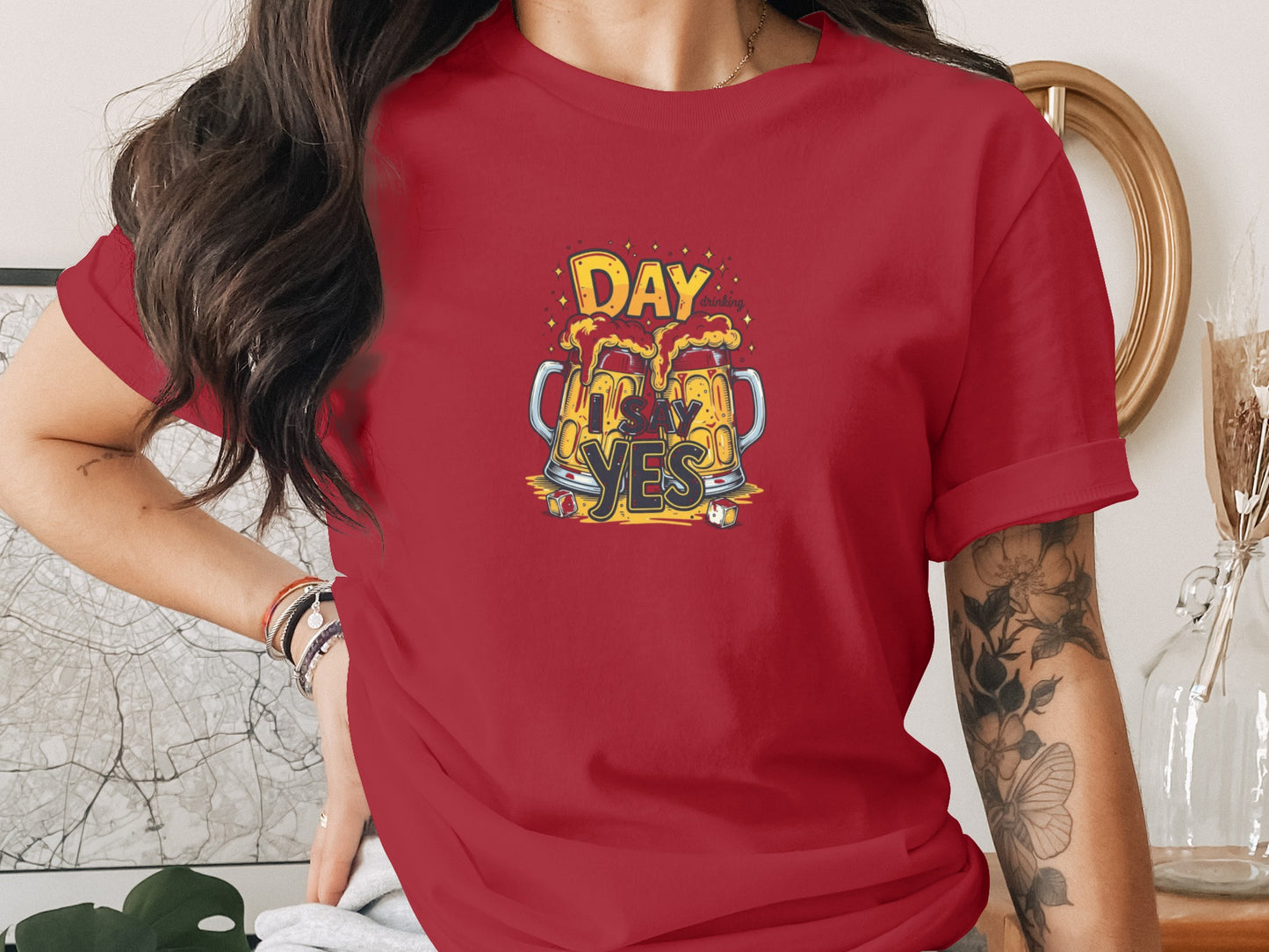 Day Drinking Say Yes Beer Mug Red Graphic T-Shirt