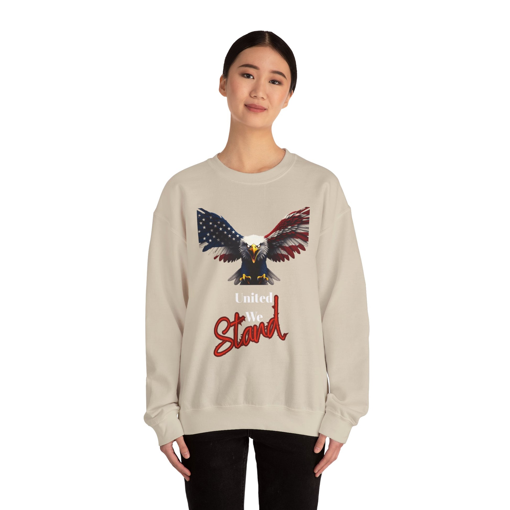 United We Stand Patriotic Eagle text on a Crewneck Sweatshirt