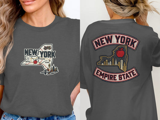 Dark gray t-shirt with "New York Empire State" and map graphics on front and back.
