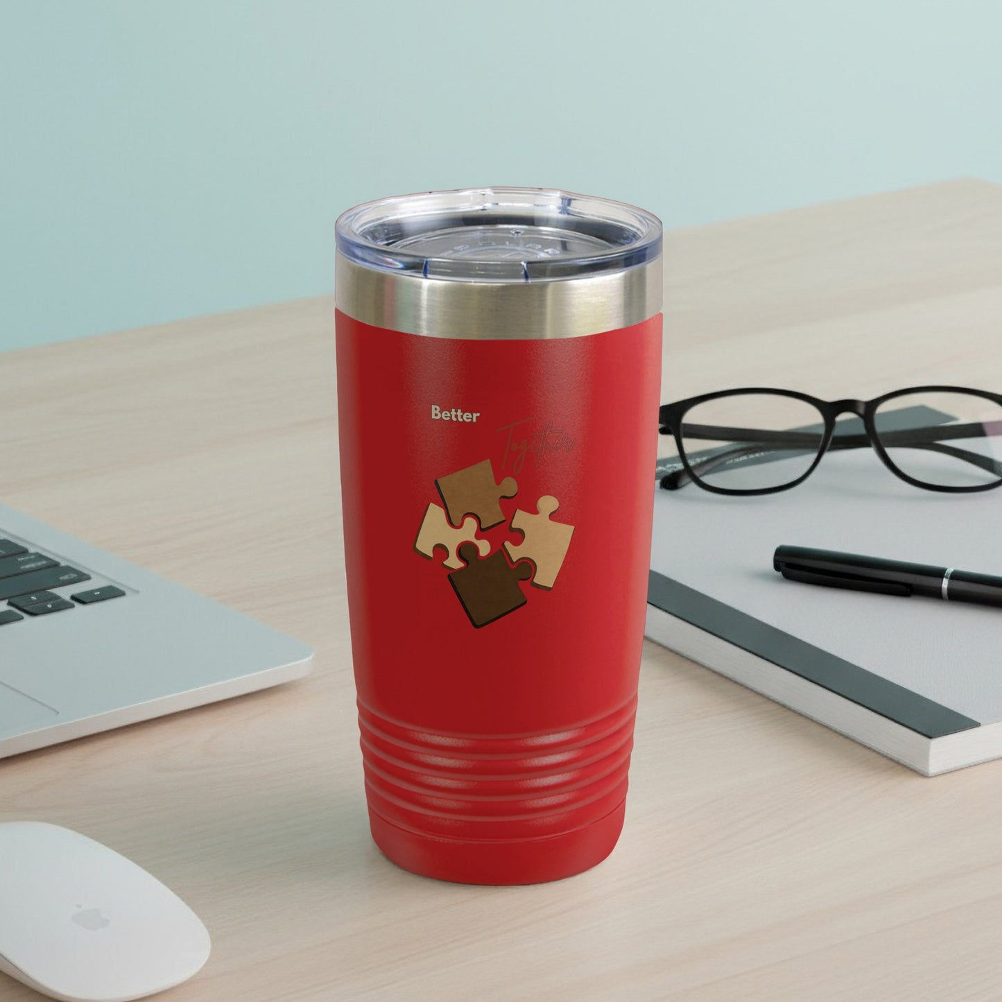 Red Travel Tumbler with Puzzle Piece Design