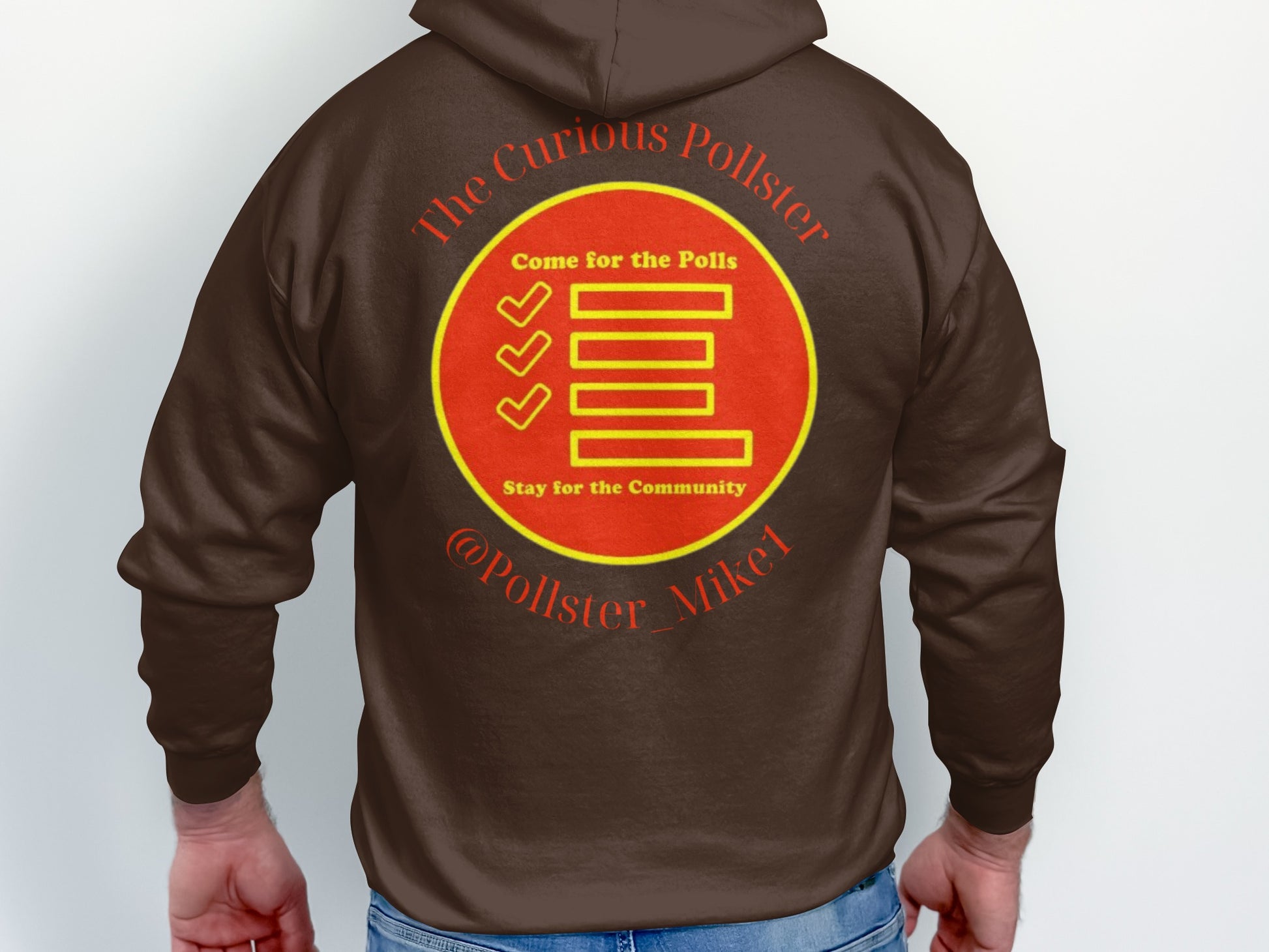 Brown hoodie with yellow circle logo featuring "The Curious Pollster" text and checkboxes.