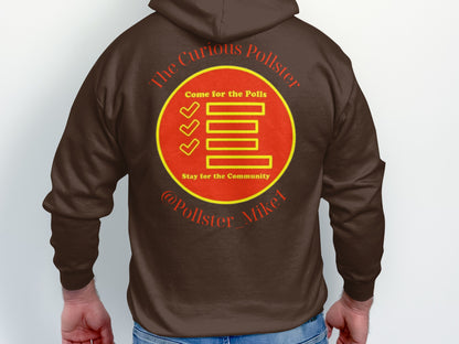 Brown hoodie with yellow circle logo featuring "The Curious Pollster" text and checkboxes.