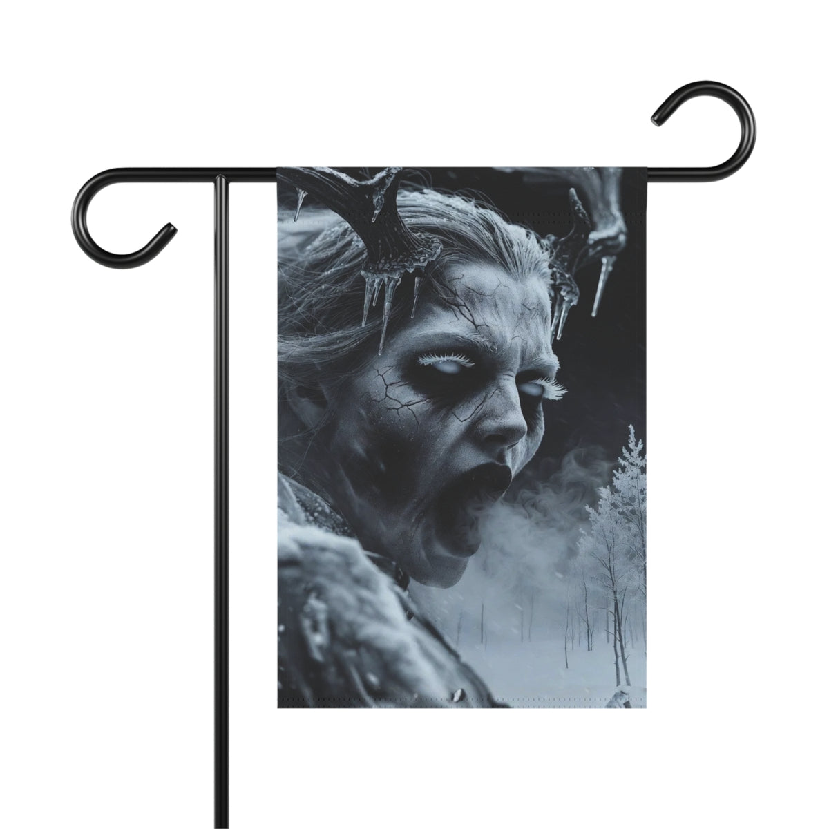 Garden flag featuring a frosty, cracked-faced woman with antlers and icicles, exhaling smoke in a winter forest.