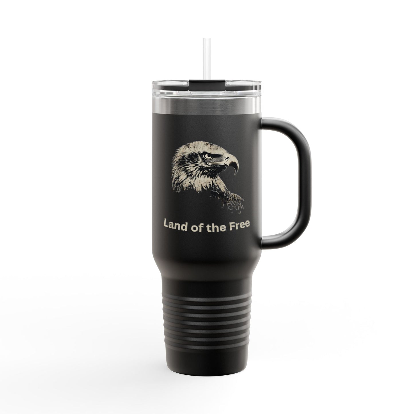 Land of the Free text on the bottom of a  40oz Insulated Travel Mug