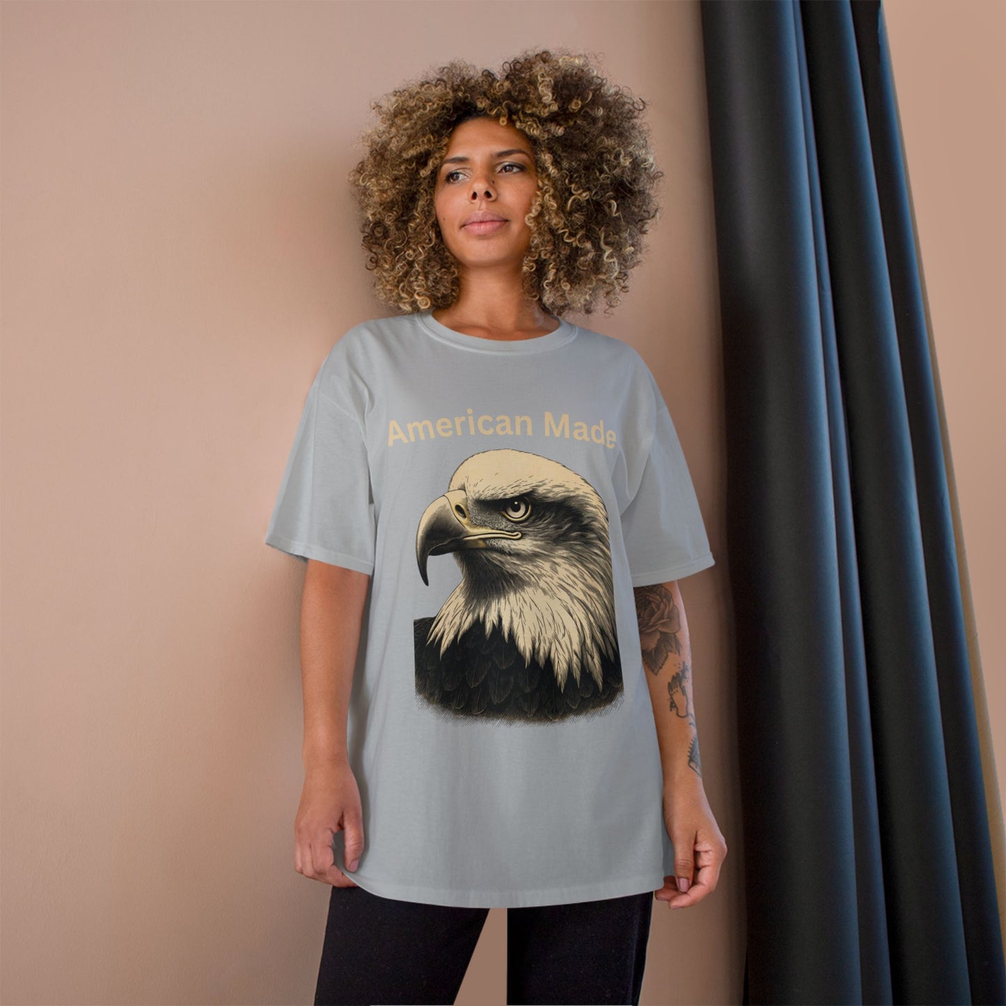 Engraved Eagle - American Made - text on the top of a Champion Tee