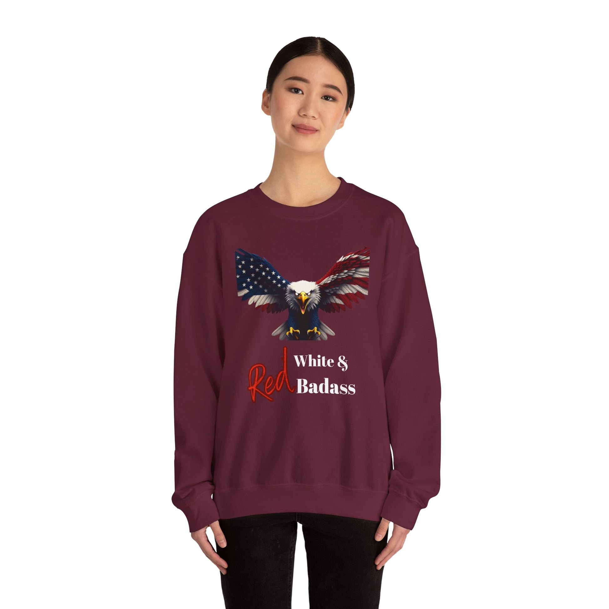Red White & Badass Patriotic Eagle text on a Crewneck Sweatshirt