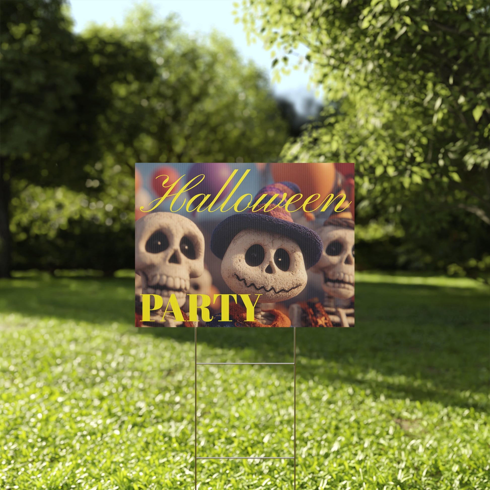 Halloween-themed party sign with cartoon characters on a grassy lawn