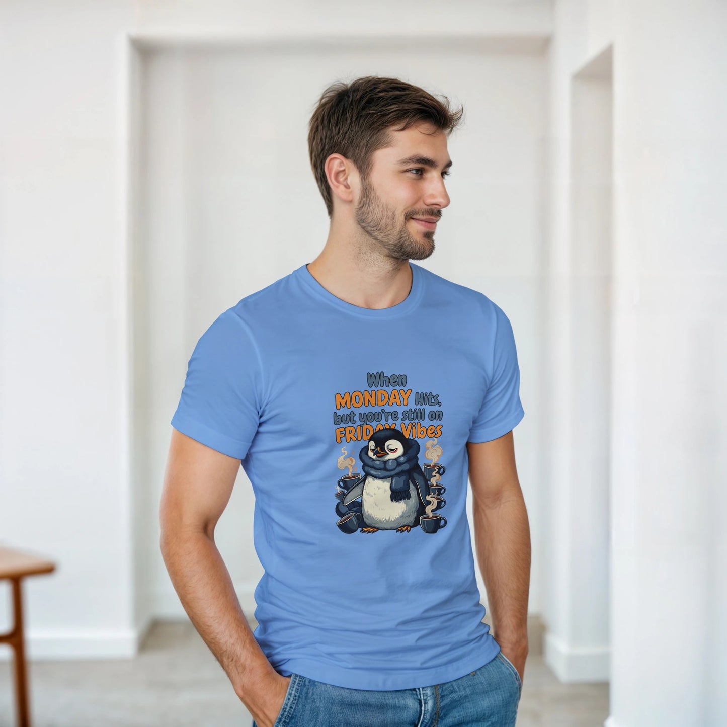 When MONDAY Hits, But You're Still On FRIDAY Vibes Penguin on a Heavyweight T on a shirt