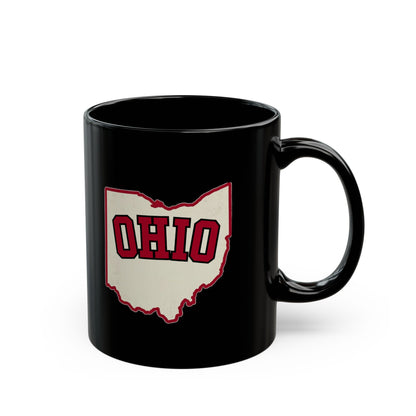 Black ceramic mug with Ohio outline and text.