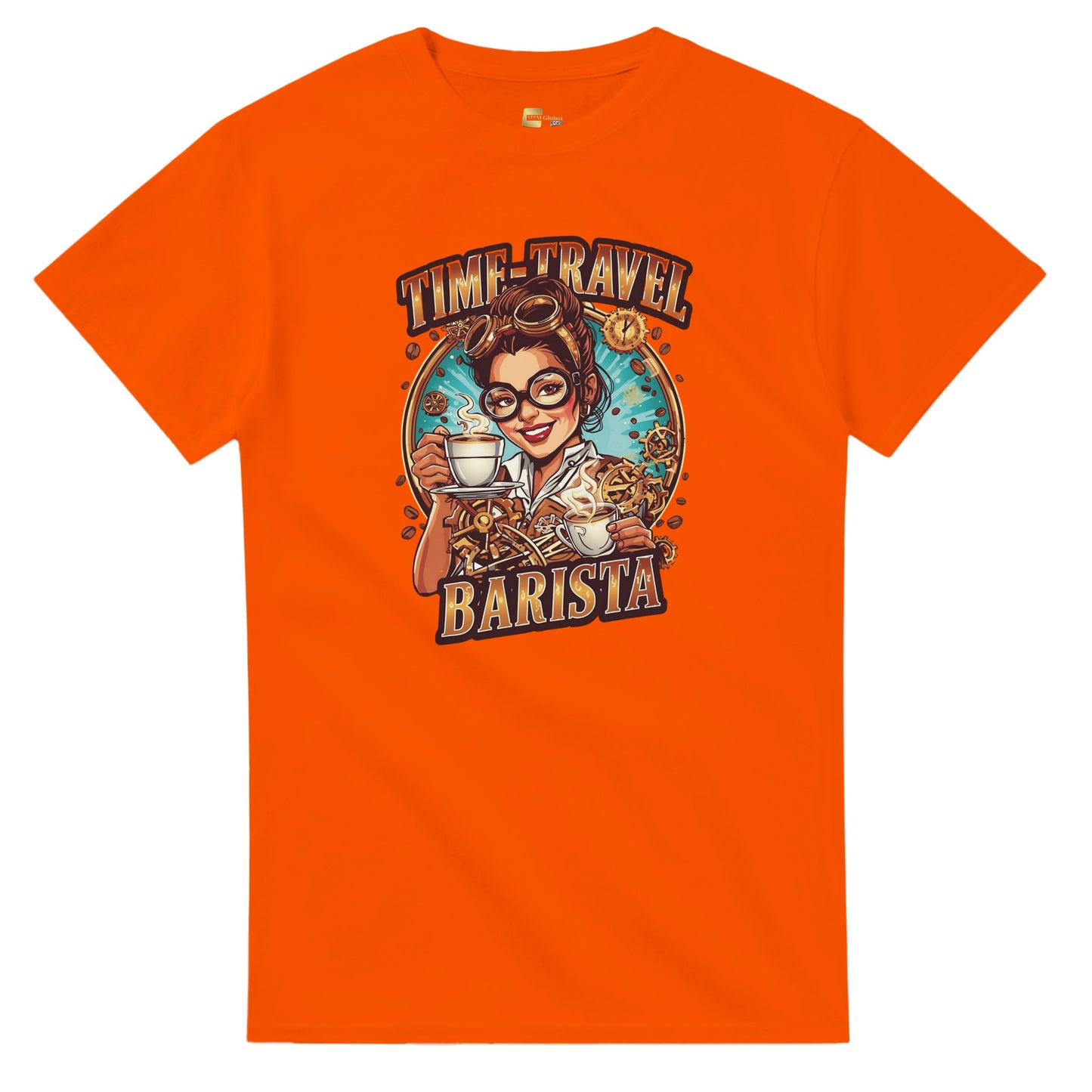 Time-Travel Barista graphic design on a Heavyweight T-shirt