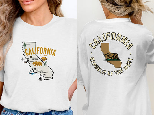 California map t-shirt with graphic and text on front and back.