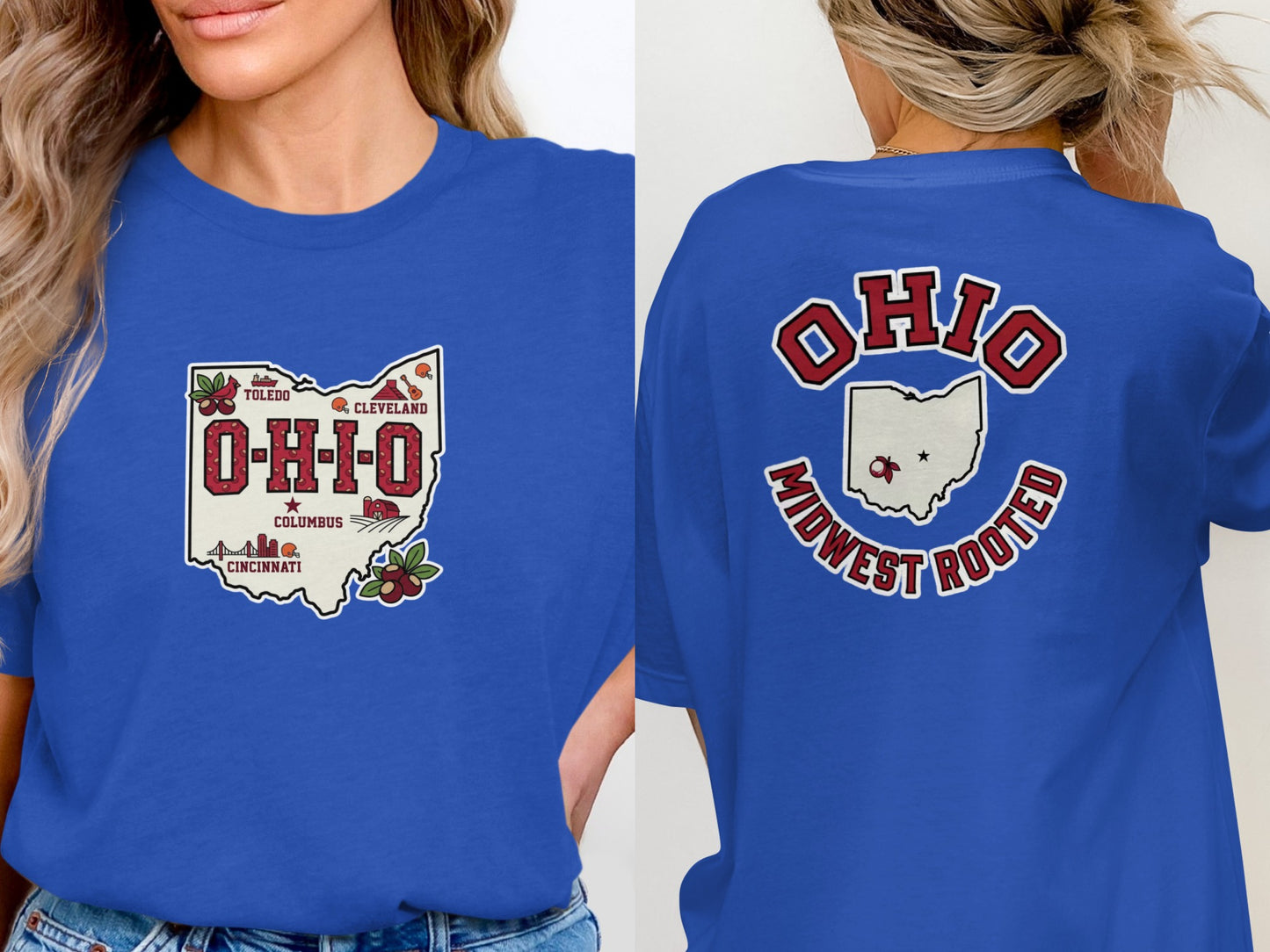 Front and back view of a royal blue t-shirt with Ohio map graphics.