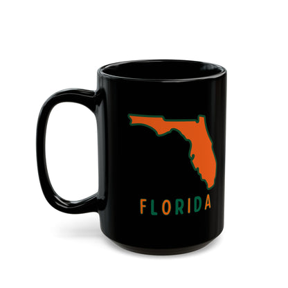 Black mug with orange Florida outline and "FLORIDA" text.