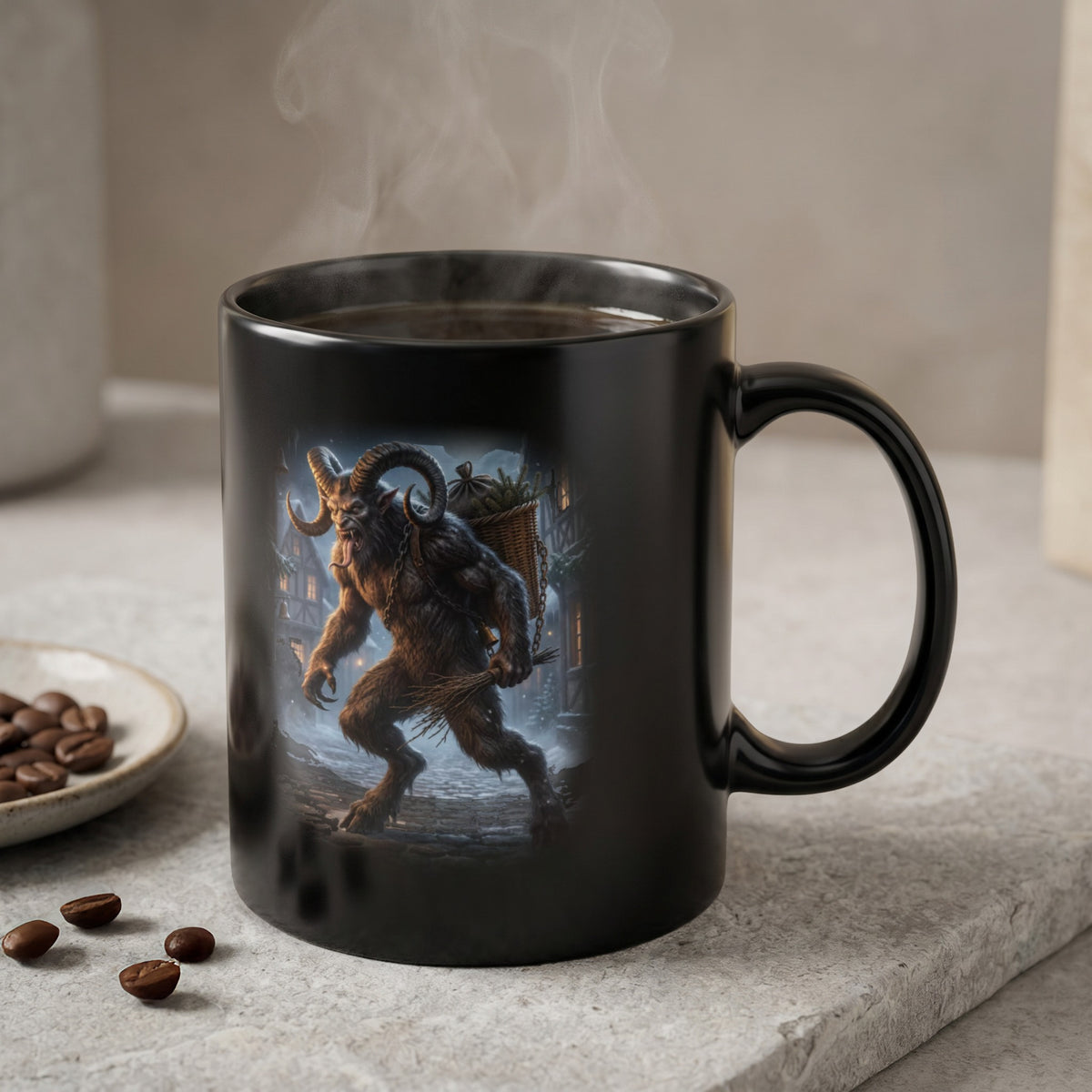 Black mug with Krampus illustration, steam rising from coffee.