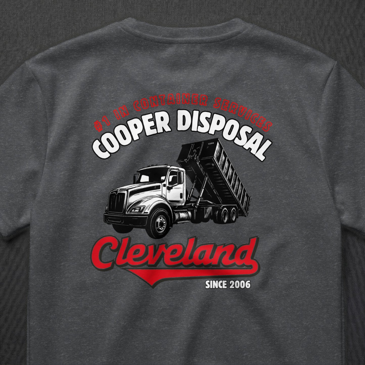 Cooper Disposal dump truck graphic with "Cleveland" text on a dark gray t-shirt.