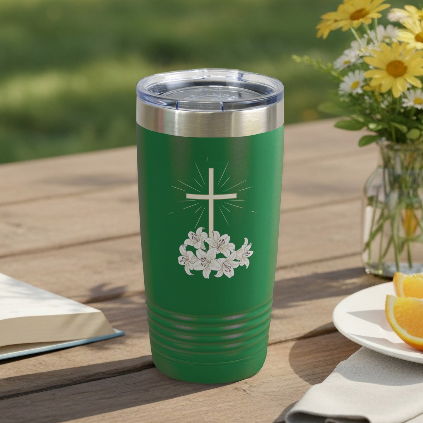 Green Cross Lily Design Tumbler Christian Religious product type