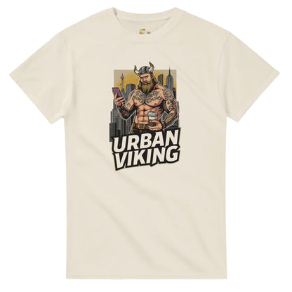 Person wearing a gray t-shirt with 'Urban Viking' graphic design in an indoor setting