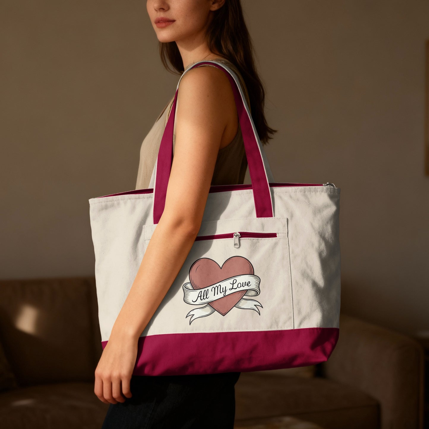 All My Love Heart Printed Tote Bag with Front Pocket