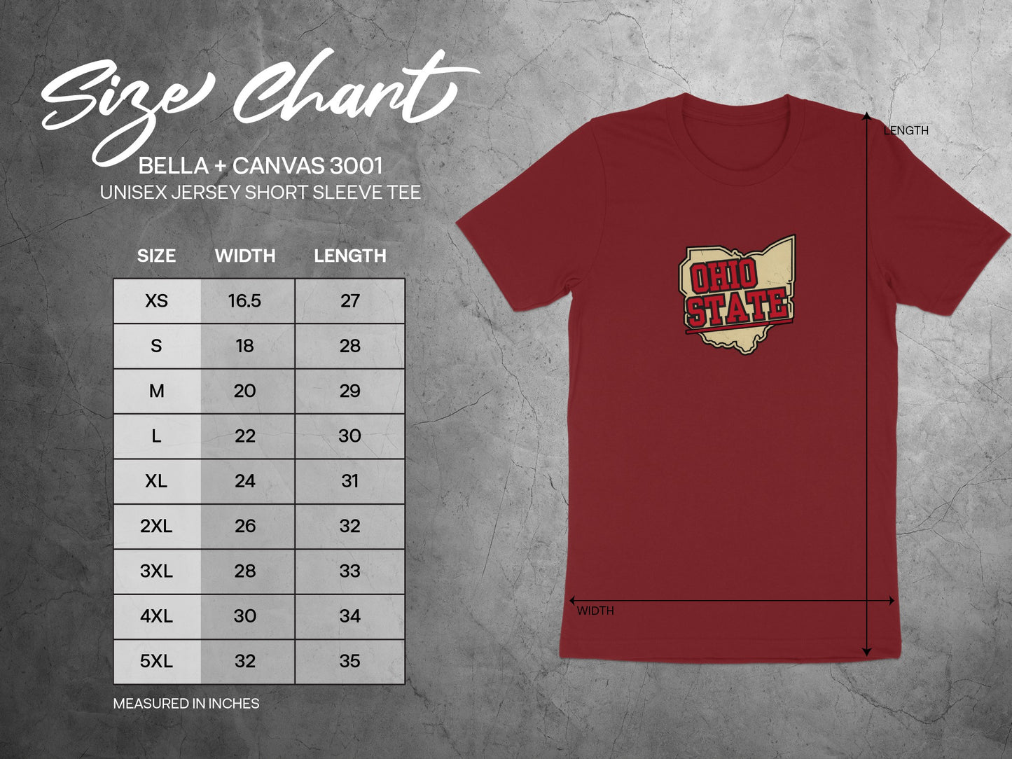 Bella + Canvas 3001 unisex tee size chart with Ohio State logo.