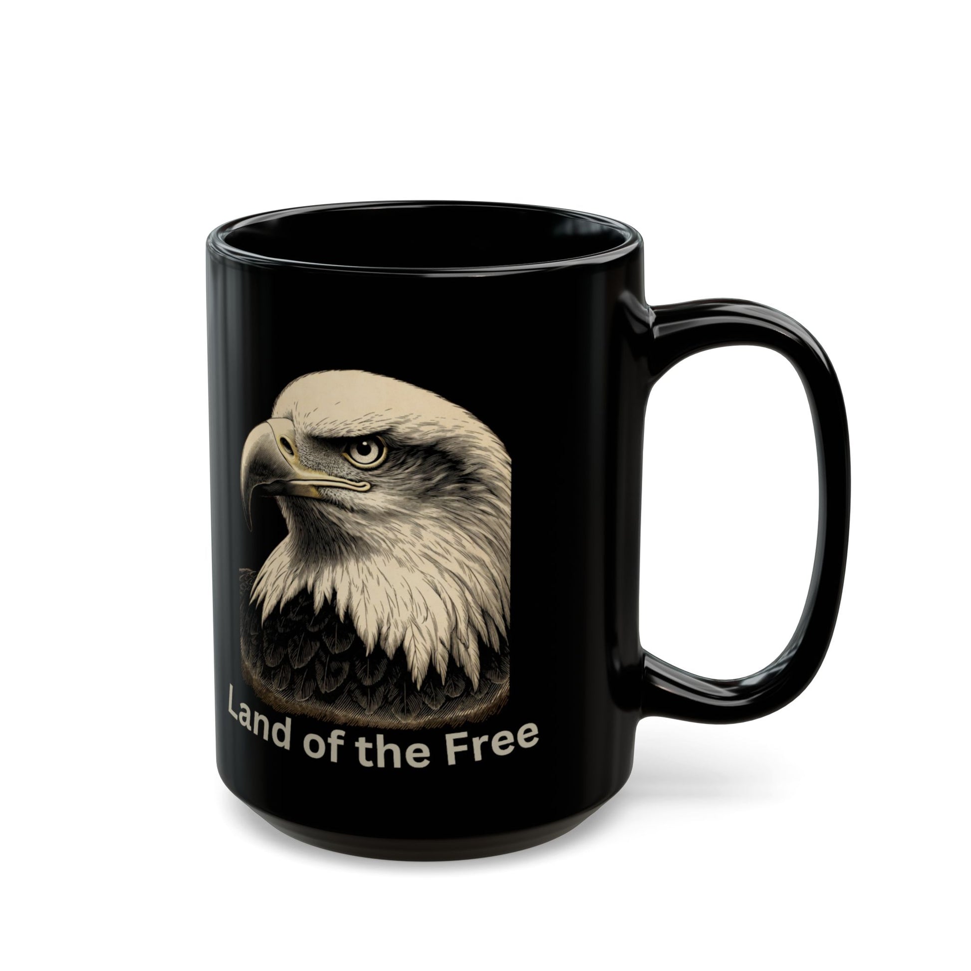Black mug with bald eagle portrait and "Land of the Free" text.