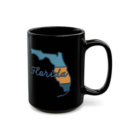 Black mug with a blue and orange Florida map outline and "Florida" text.
