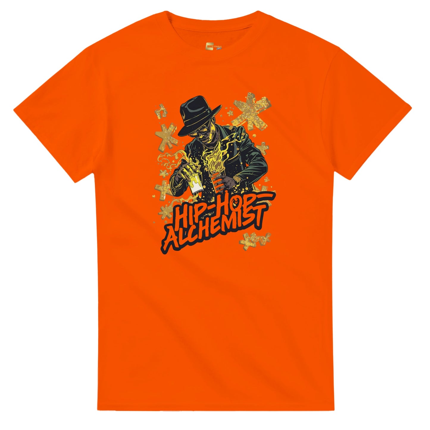 Man wearing a red t-shirt with a graphic design, holding shopping bags in a blurred indoor setting