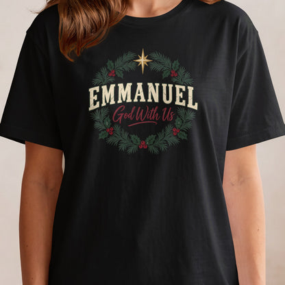 Black t-shirt with "EMMANUEL God With Us" text inside a Christmas wreath.