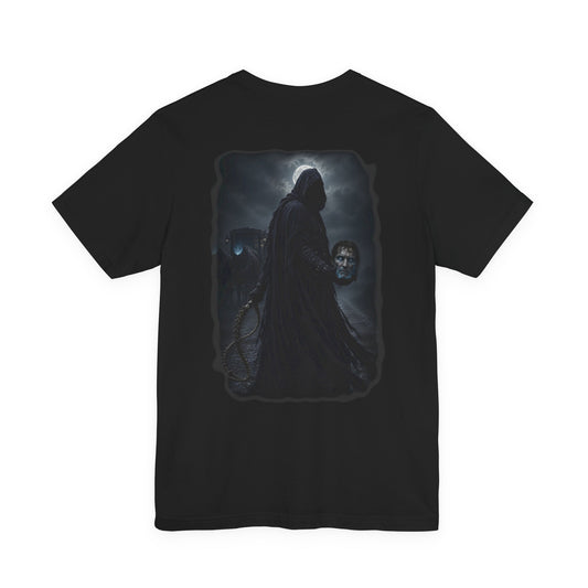 Grim reaper holding a severed head and a whip under a full moon.