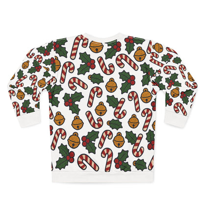 White sweatshirt with repeating pattern of candy canes, holly, and bells.