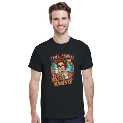 Time-Travel Barista graphic design on a Heavyweight T-shirt