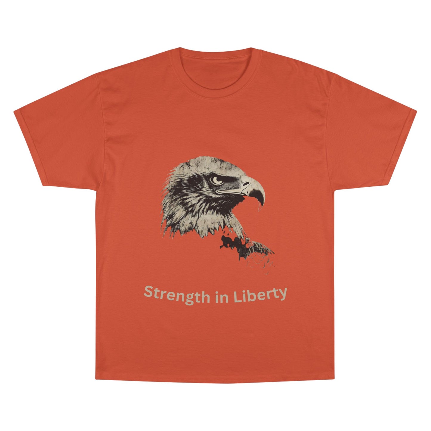 Strength in Liberty text below an eagle head on a Champion Tee