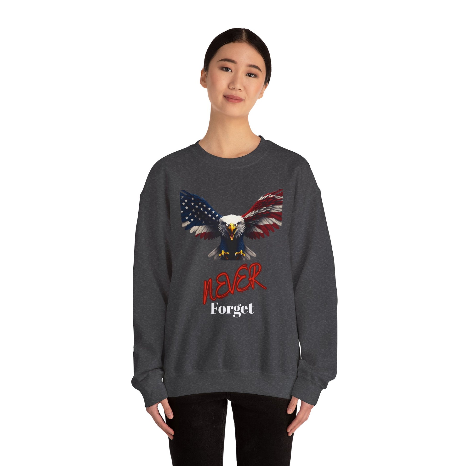 Never Forget Patriotic Eagle text on a Crewneck Sweatshirt