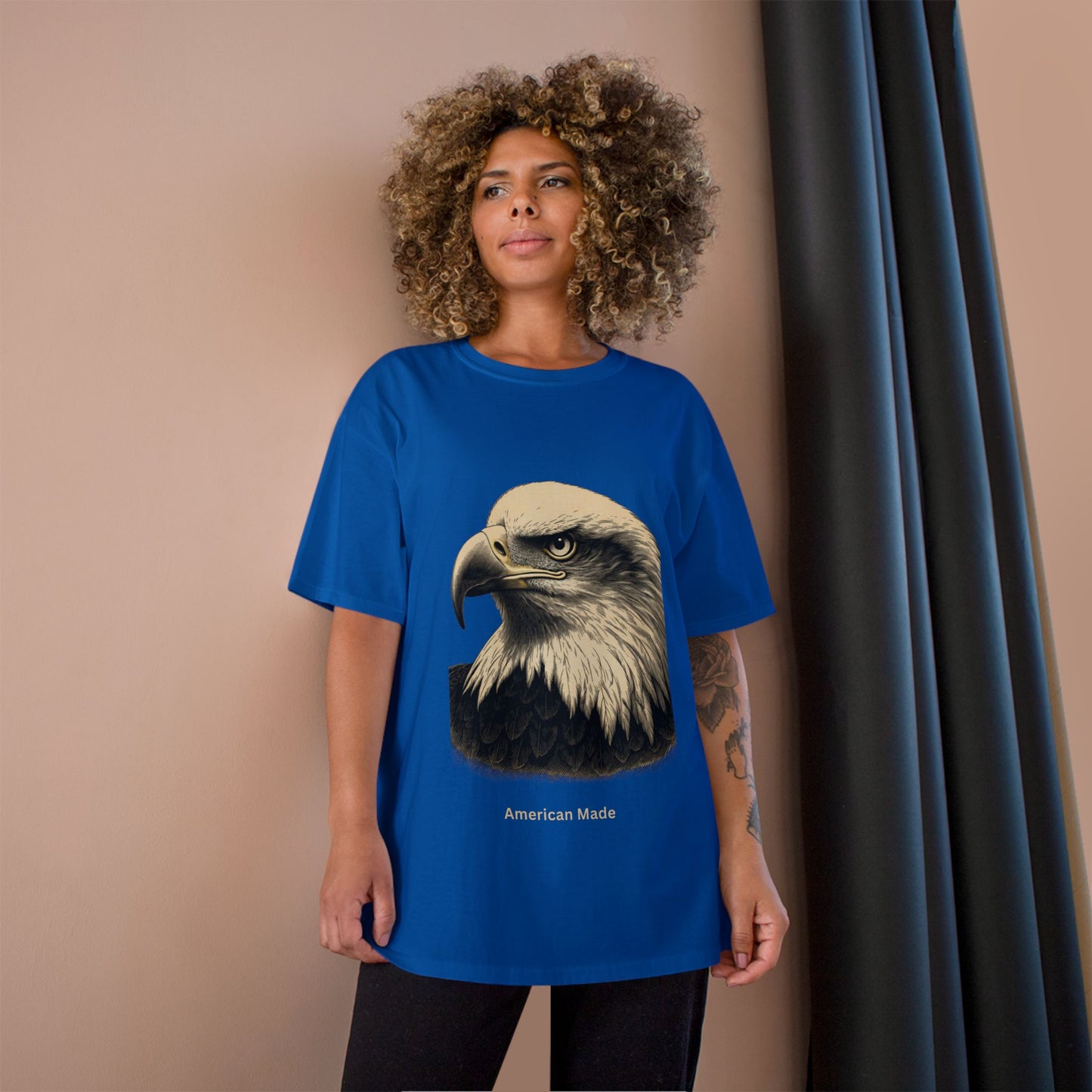 Engraved Eagle - American Made - text on the muted of a Champion Tee
