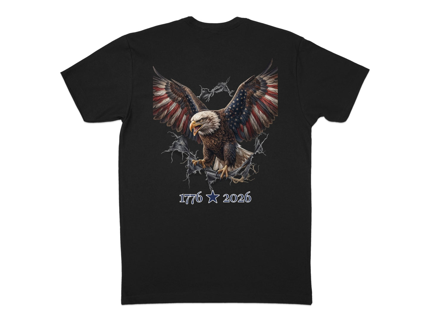 Bald eagle with American flag wings breaking through, text "1776 2026".