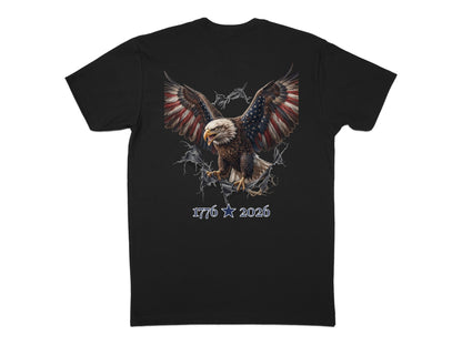 Bald eagle with American flag wings breaking through, text "1776 2026".