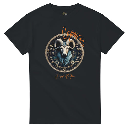 Black t-shirt with Capricorn zodiac design on a white background