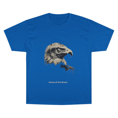 Home of the Brave small font text below an eagle head on a Champion Tee