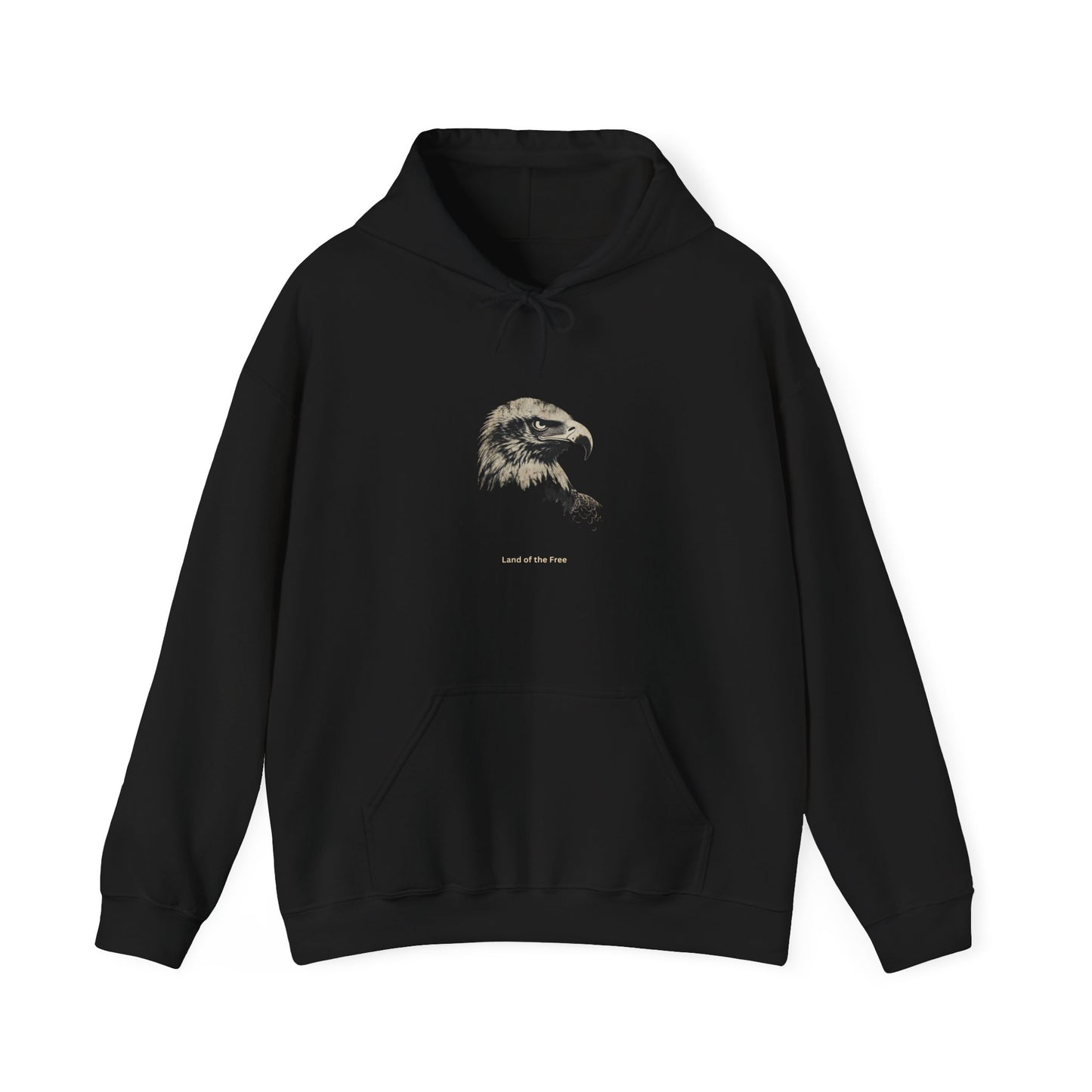 Land of the Free smaller text below an eagle head on a Pullover Hoodie