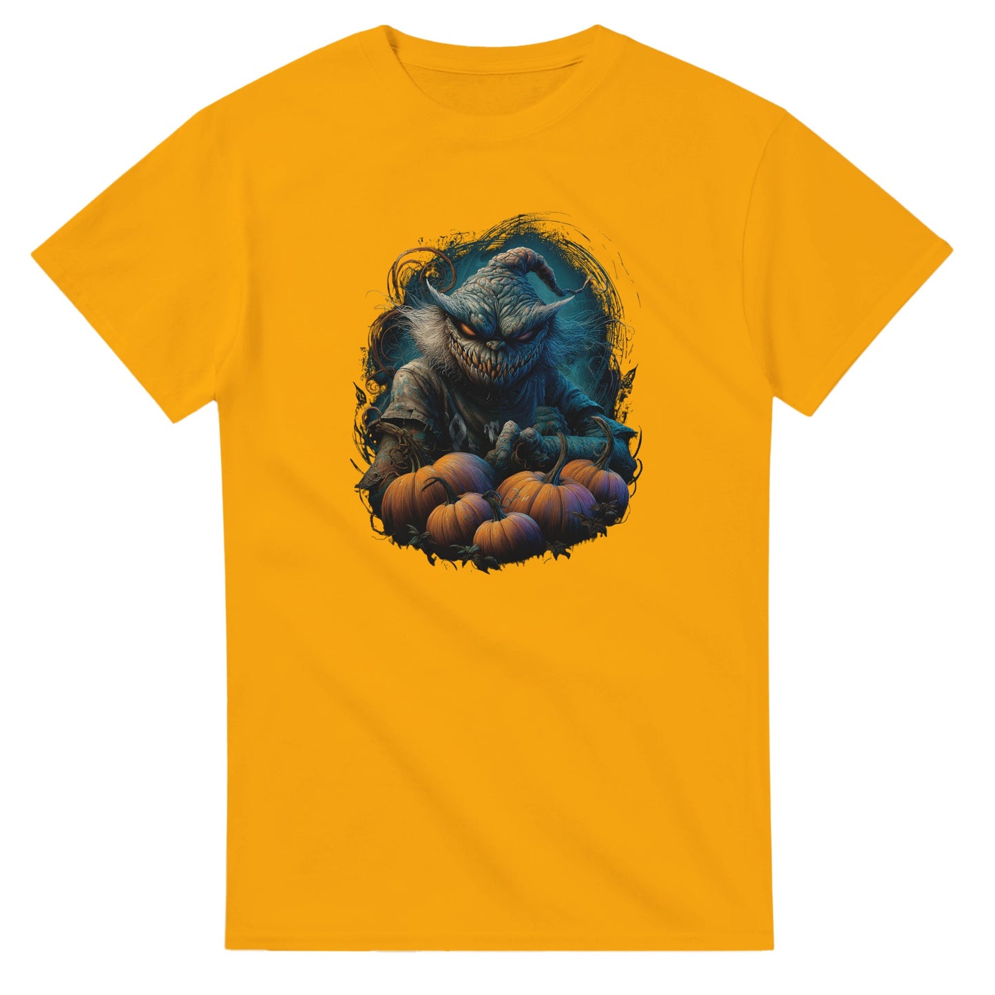 Spooky Scarecrow & Pumpkins on a Heavyweight T-shirt