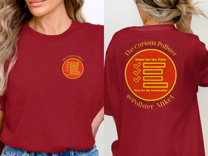 Maroon t-shirt with "The Curious Pollster" and poll graphic.