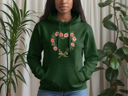 Green Hoodie with Floral Wreath Design Fashionable Apparel