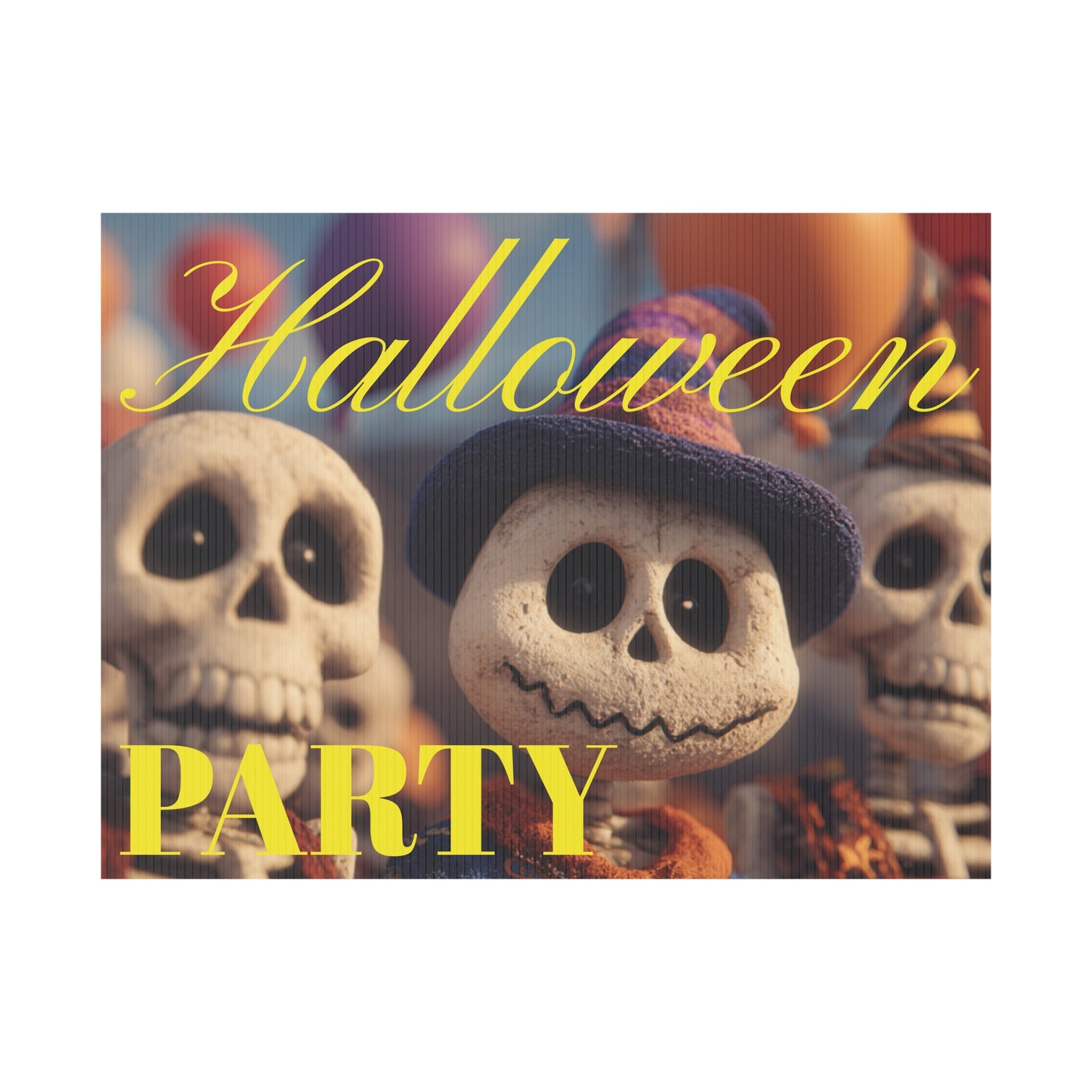 Halloween-themed party sign with cartoon characters on a grassy lawn