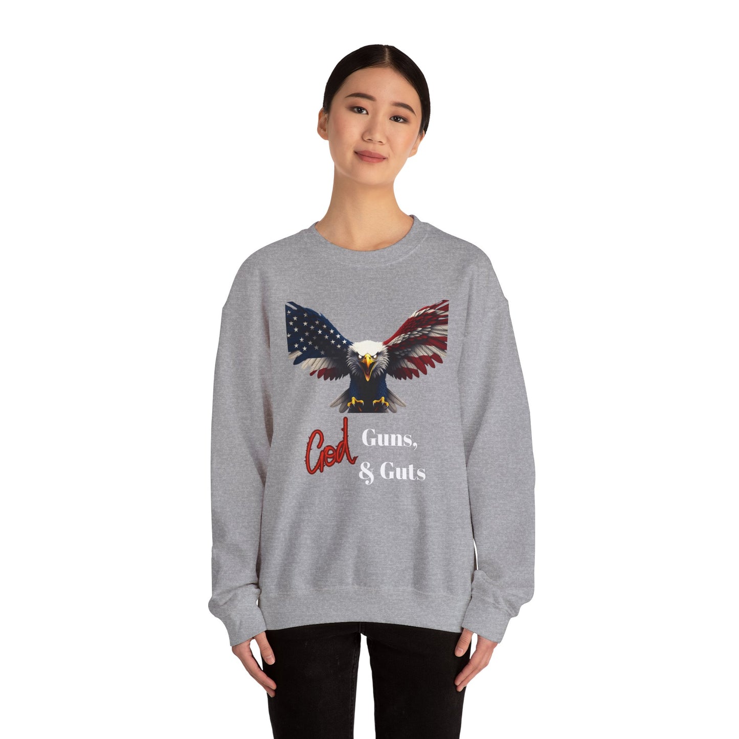 God Guns & Guts Patriotic Eagle text on a Crewneck Sweatshirt