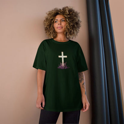 Majestic White Cross Purple Floral Mound Dark Green T-shirt