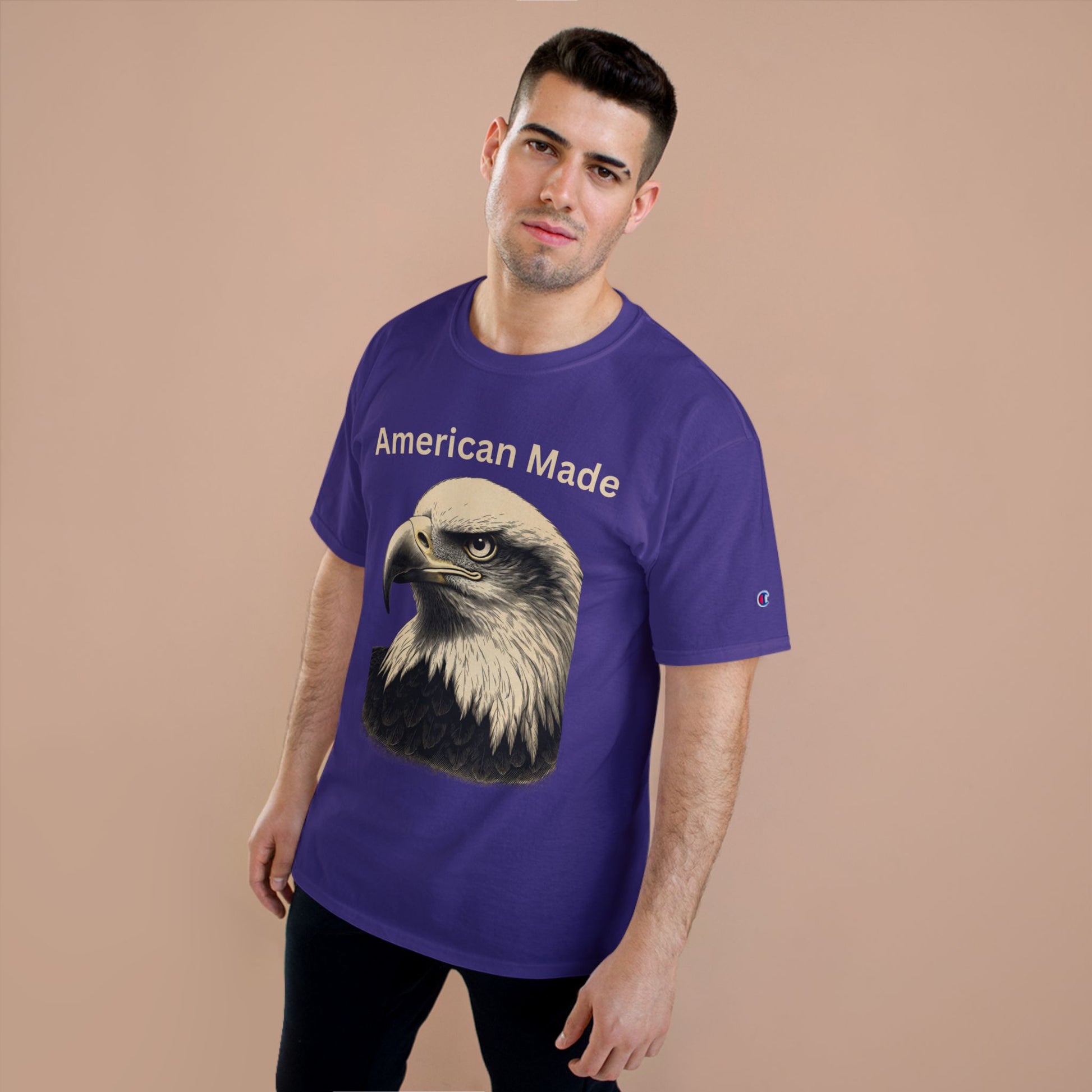 Engraved Eagle - American Made - text on the top of a Champion Tee