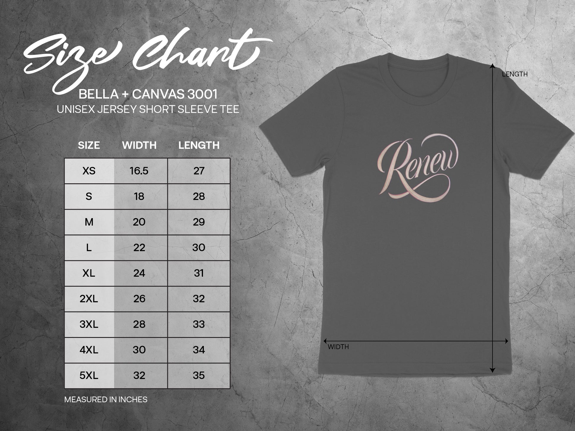 Bella + Canvas 3001 Unisex Jersey Tee Size Chart Renew Design product type

Size Chart
Bella Canvas 3001
Unisex Tee
Short Sleeve Tee
Renew Tee
Clothing Size Guide
Apparel Measurement
Tshirt Sizes
Garment Chart
Sizing Reference
Fashion Guide
Bella Canvas Chart
Jersey Tee
Adult Sizes
Tshirt Sizing
Renew Design
Inches Measurement
Size Reference
Product Sizing
Tee Shirt Guide