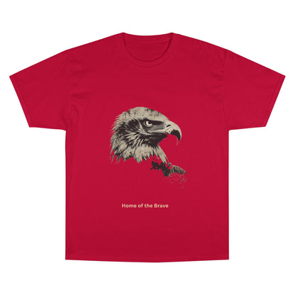 Home of the Brave small font text below an eagle head on a Champion Tee